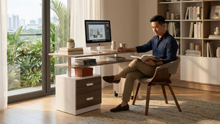 Man working at a folding study table in a modern Singapore home office