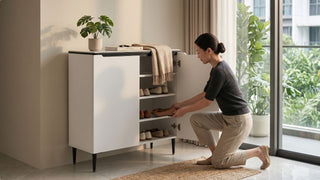Woman organising shoes in a white freestanding shoe cabinet beside a bright Singapore home entrance