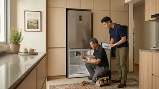 Technician checking a fridge repair issue while a homeowner reviews a quote in a warm modern Singapore kitchen