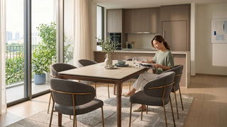 Woman reading at a dining table beside a concealed fridge in a bright Singapore condo kitchen.