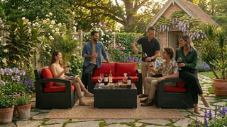 Friends enjoying drinks around a black wicker outdoor sofa set with red cushions on a spacious Singapore garden