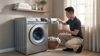 Man adding detergent to a front load washing machine in a modern laundry room with shelves and soft natural light