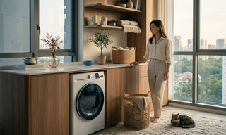 Front-load washing machine fitted under a counter in a modern Singapore home laundry area