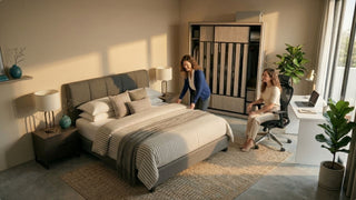 Woman furnishing a first bedroom in Singapore with bed, wardrobe, study desk, ergonomic chair, and warm natural light
