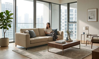 Modern Singapore condo living room with beige sofa, wooden coffee table, and city-view windows for online furniture cost guide.
