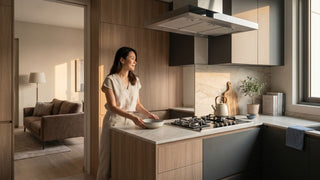 Woman preparing food beside a built-in gas hob in a modern Singapore kitchen with warm wood cabinetry.