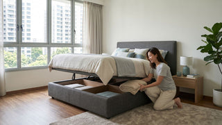 Gas-lift storage bed opened in a Singapore executive flat bedroom with neatly stored bedding inside