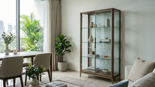 Glass display cabinet with wooden frame in a bright Singapore condo living and dining area.