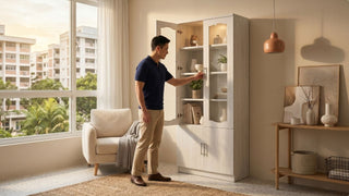Man opening a light wood glass door display cabinet in a warm Singapore HDB living room with neutral decor