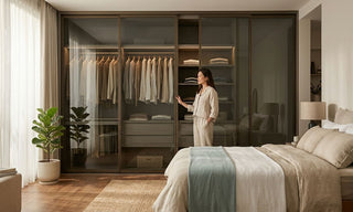 Glass sliding wardrobe in a bright Singapore bedroom with organised clothing storage and neutral modern decor.