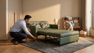 Father setting up a green kids sofa bed with a child in a warm Singapore bedroom
