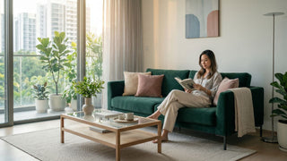 Woman reading on a green velvet sofa in a well-ventilated Singapore apartment living room with indoor plants.