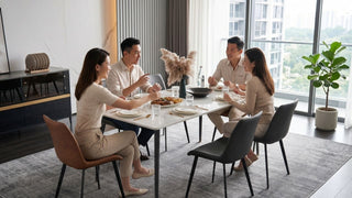 Grey and Sanders dining table set for hosting in a modern Singapore condo dining room