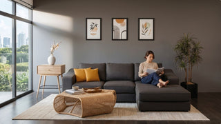 Woman reading on a grey chaise sofa in a bright Singapore living room with rattan coffee table, yellow cushions, and indoor plant