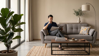 Man sitting on a grey custom made sofa in a warm modern Singapore living room