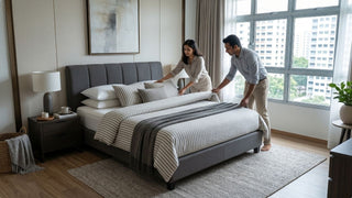 Couple arranging bedding on a grey fabric bed frame in a bright HDB bedroom