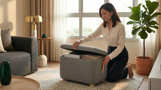 Woman organising books and blankets inside a grey fabric storage stool in a cosy HDB living room