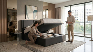 Couple checking a grey gas-lift storage bed in a spacious Singapore jumbo HDB bedroom with balcony views