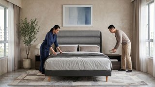 Couple styling a grey high bed frame with headboard in a spacious Singapore bedroom