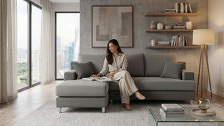 Woman relaxing on a grey L-shaped sofa in a bright Singapore condo living room