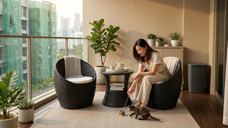 Grey outdoor bin beside balcony seating, potted plants, and a woman relaxing with a cat in a Singapore condo balcony