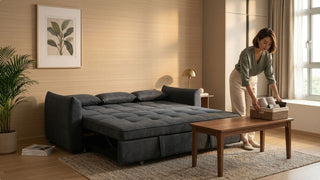 Grey sofa bed fully opened in a warm bedroom with wooden coffee table and storage basket