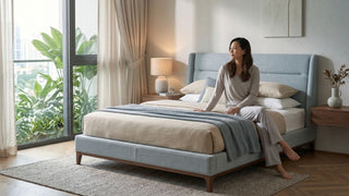 Woman sitting on a grey upholstered bed frame in a calm Singapore condo bedroom with neutral bedding, bedside tables, and large windows.