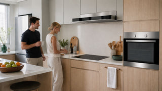 Hafele kitchen appliance set with range hood, induction hob and built-in oven in a modern Singapore home kitchen