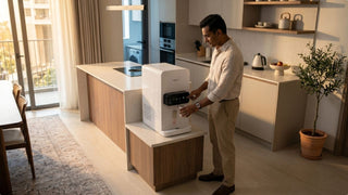 Man using a Happie countertop water dispenser in a warm modern Singapore kitchen