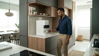 Man using a Happie water dispenser in a modern Singapore kitchen with built-in cabinets