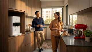 Couple in a modern Singapore kitchen with Happie water dispenser, SMEG toaster, and red SMEG stand mixer