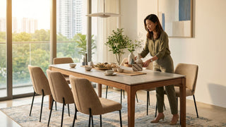 Woman styling an extendable dining table for Hari Raya in a bright Singapore condo dining room