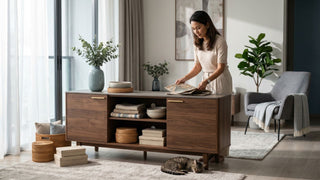 Woman organising a walnut storage unit with sliding doors in a modern Singapore HDB living room before Hari Raya celebrations.