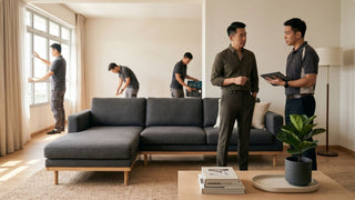 Homeowner discussing HDB design maintenance with a technician while workers inspect windows and living room finishes