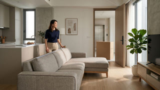 Furniture delivery checklist in a Singapore HDB living room with sofa, lift access, and hallway clearance being measured.