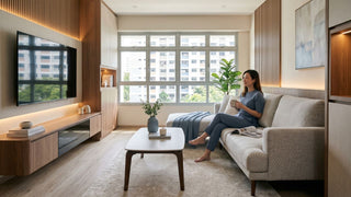 Modern HDB living room renovation with TV feature wall, built-in storage, neutral sofa, coffee table and large windows in a Singapore flat.
