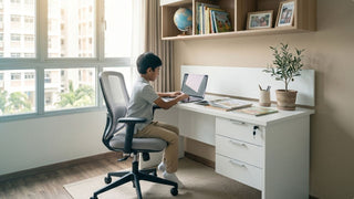 Boy using a laptop at a white study desk with overhead shelves in a compact HDB kids study room