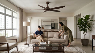 HDB living room with brown ceiling fan, neutral sofa, coffee table, and modern open dining area