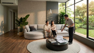 Couple meeting a renovation consultant about HDB renovation permits in a warm modern Singapore home