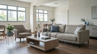HDB living room in Singapore after renovation with beige sofa, armchair, coffee table and dining area.