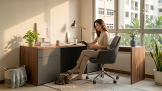 Woman working at a wooden desk beside a bright HDB window with plants, storage drawers and a cat in a cosy Singapore study room.