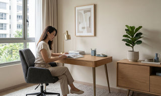 Woman reading at a wood study desk beside a large window in a calm HDB study room with an office chair, lamp, plant, and storage cabinet.