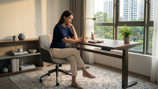 Woman working at a height adjustable desk in a bright Singapore home office with an ergonomic chair and window view.