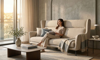 Woman relaxing on a beige high back sofa in a bright Singapore living room