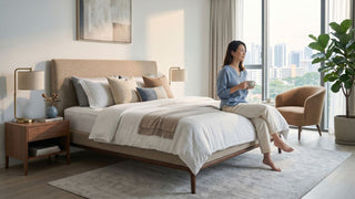 Woman sitting on a high upholstered bed frame in a bright Singapore condo bedroom with neutral bedding, bedside tables, and city view.