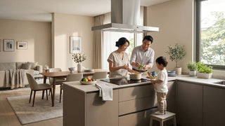 Family cooking together in an open-plan Singapore kitchen with induction hob and island hood