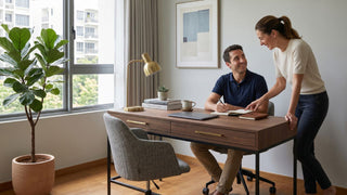 Couple reviewing notes at a wooden home office desk in a bright Singapore condo study room.