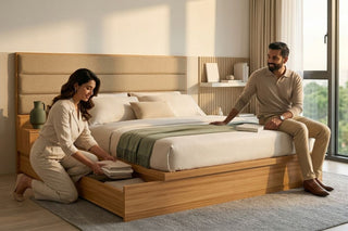 Minimalist bedroom with a wooden platform bed and built-in bedside storage for planning how many drawers you need in a bedroom