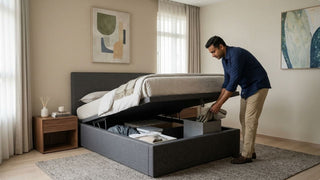 Man placing blankets inside a grey hydraulic storage bed in a Singapore bedroom
