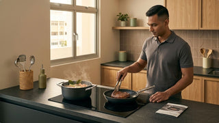 Man cooking with an induction cooker pot and frying pan on a modern kitchen countertop